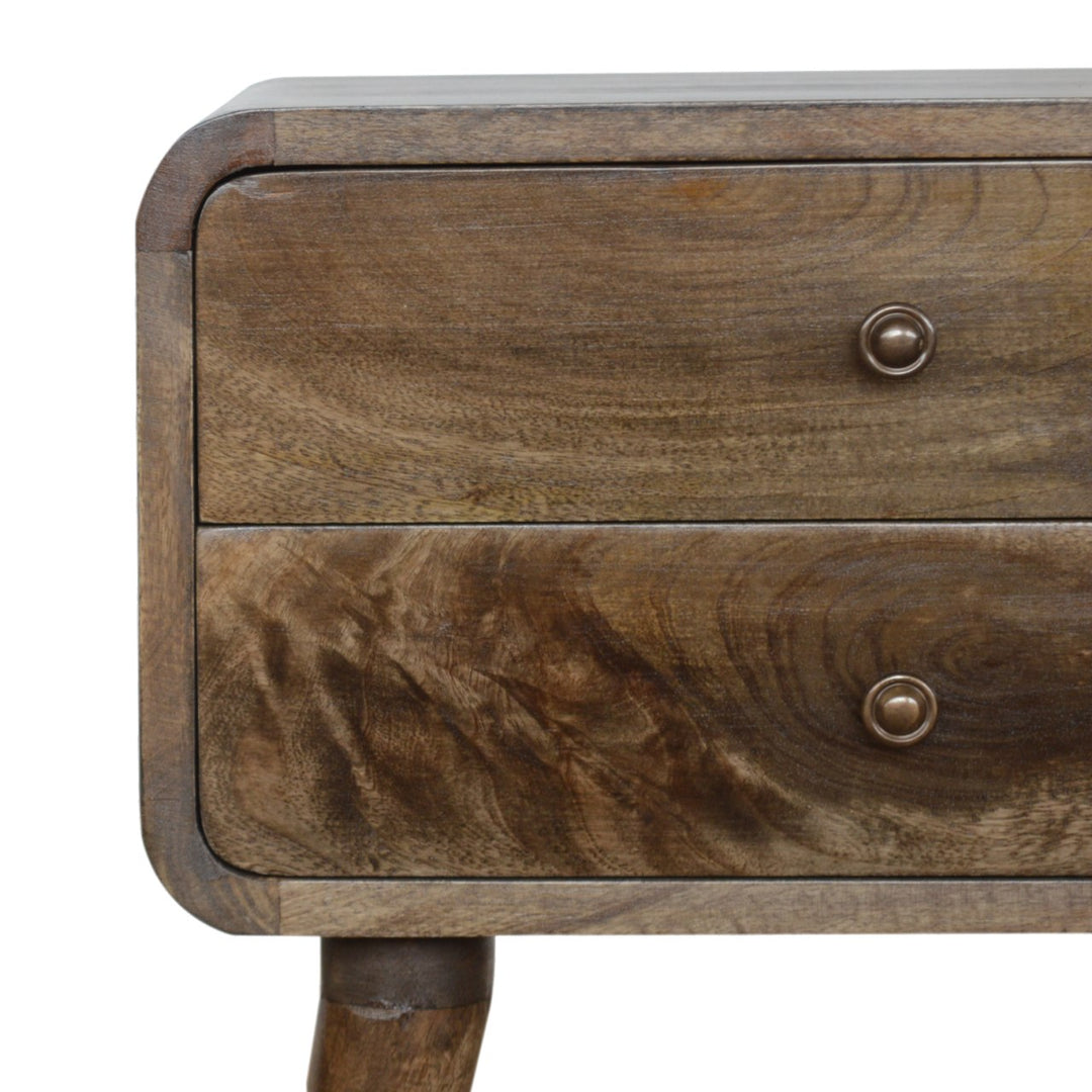 Brown Lacquered Velvet Mocha Solid Mango Wood Fluted Bench with Curved Architectural Silhouette