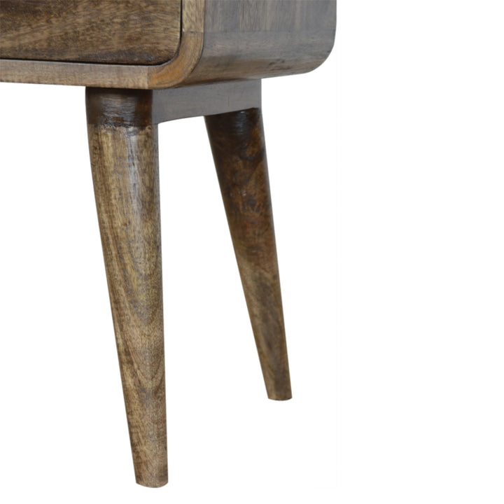 Brown Lacquered Velvet Mocha Solid Mango Wood Fluted Bench with Curved Architectural Silhouette