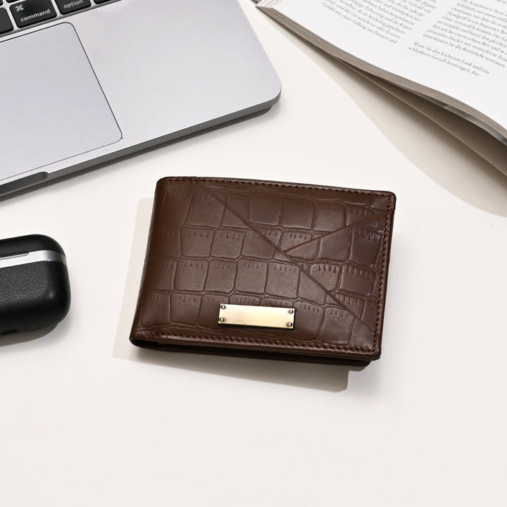 Leather Wallet 1B Brown – Croc-Look Nappa Leather Men’s Wallet with Coin Pocket & 6 Card Slots
