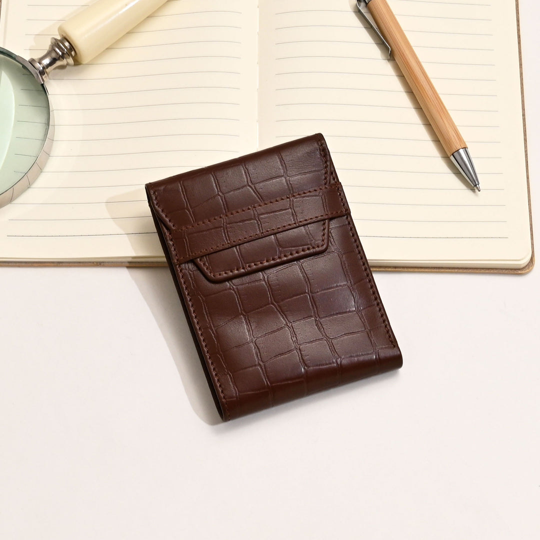 Men’s Leather Wallet 3B Scrbrn – Premium Brown Croc Look Napa Leather Wallet with Coin Pocket & 6 Card Slots | Luxury Slim Bifold Design