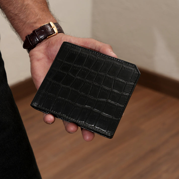 Luxury Black Napa Leather Wallet – Slim Croc-Pattern Design with Coin Pocket & Card Slots