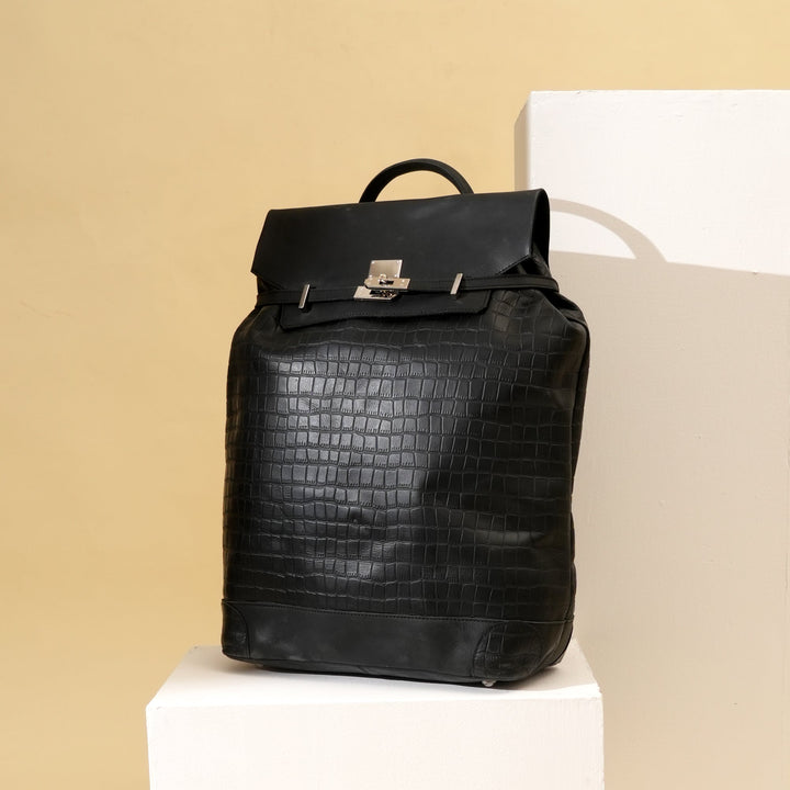 Premium Full-Grain Black Napa & Croc-Look Leather Laptop Backpack | Office & Travel Bag with Padded Laptop Compartment, Twist-Lock Flap & Trolley Sleeve