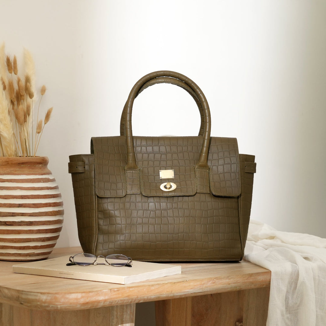 Premium Full-Grain Green Croc-Look Napa Leather Handbag for Women | Elegant Twist-Lock Shoulder Bag with Adjustable Strap & Spacious Compartment