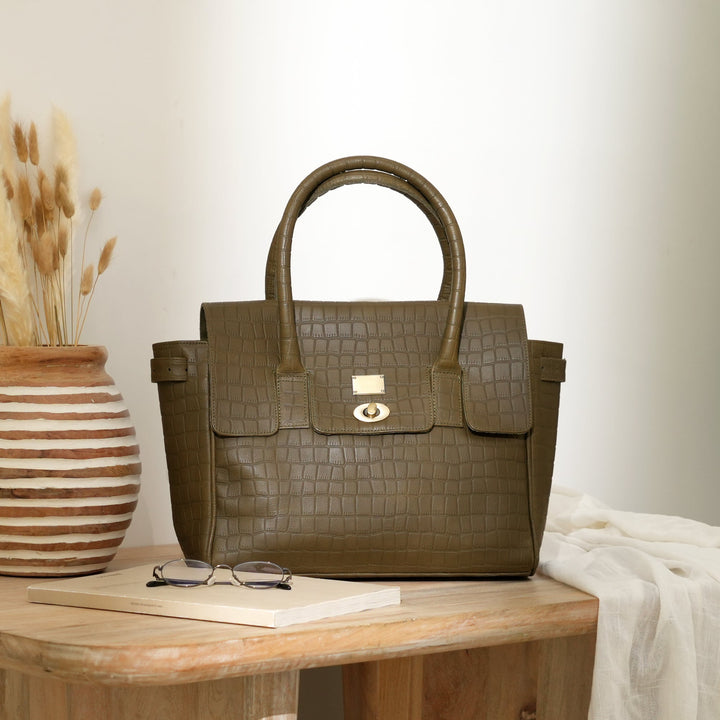 Premium Full-Grain Green Croc-Look Napa Leather Handbag for Women | Elegant Twist-Lock Shoulder Bag with Adjustable Strap & Spacious Compartment