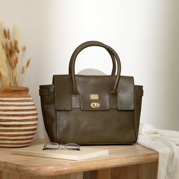 Premium Full-Grain Green Napa Leather Handbag for Women | Elegant Twist-Lock Flap Shoulder Bag with Adjustable Strap & Spacious Compartment