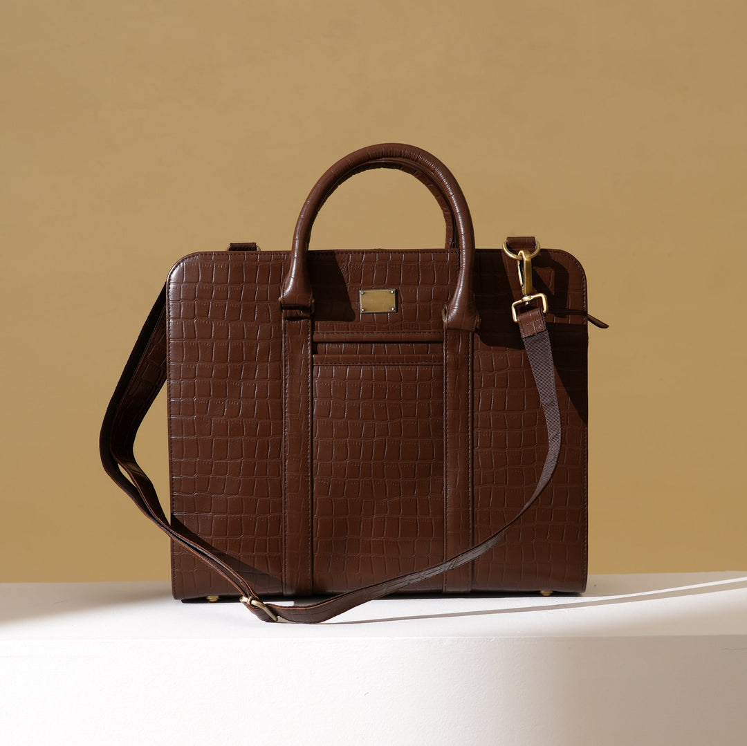 Luxury Brown Croc Leather Laptop Bag for Professionals – 15.6 Inch Business Briefcase with Dual Compartments