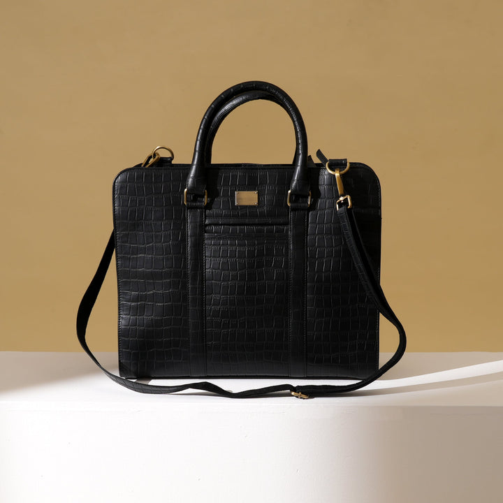 Premium Full-Grain Black Croc-Look Leather Laptop Business Bag for Men | 15.6 Inch Office & Travel Briefcase with Padded Laptop Sleeve & Dual Compartments