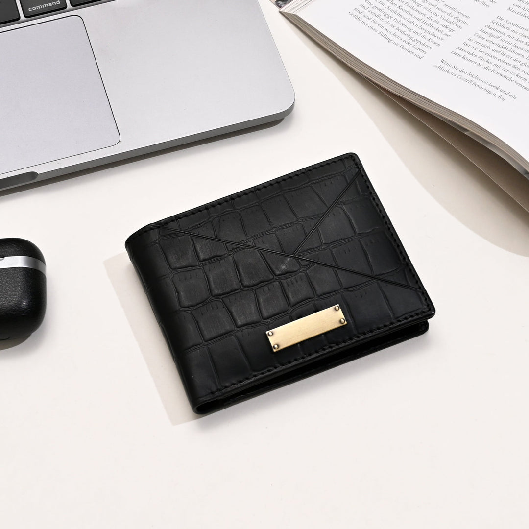 Leather Wallet 1B Croblk – Croc Look Black Napa Leather Wallet for Men | Elegant & Functional Slim Design
