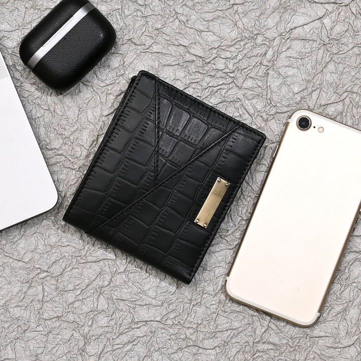 Premium Black Croc Look Napa Leather Wallet – Slim Design with Coin Pocket & Card Slots