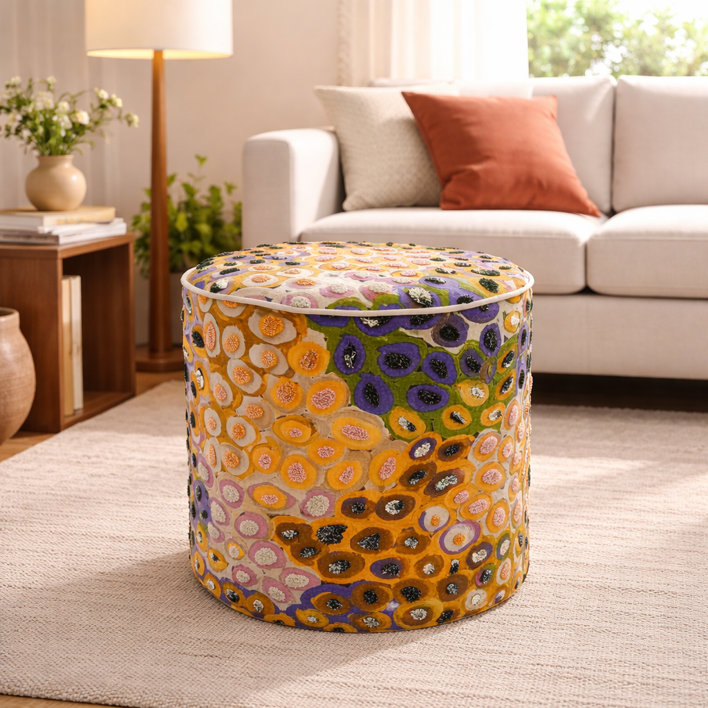 Printed & Embroidered Cotton Pouf – Abstract Design– 40x45 cm
