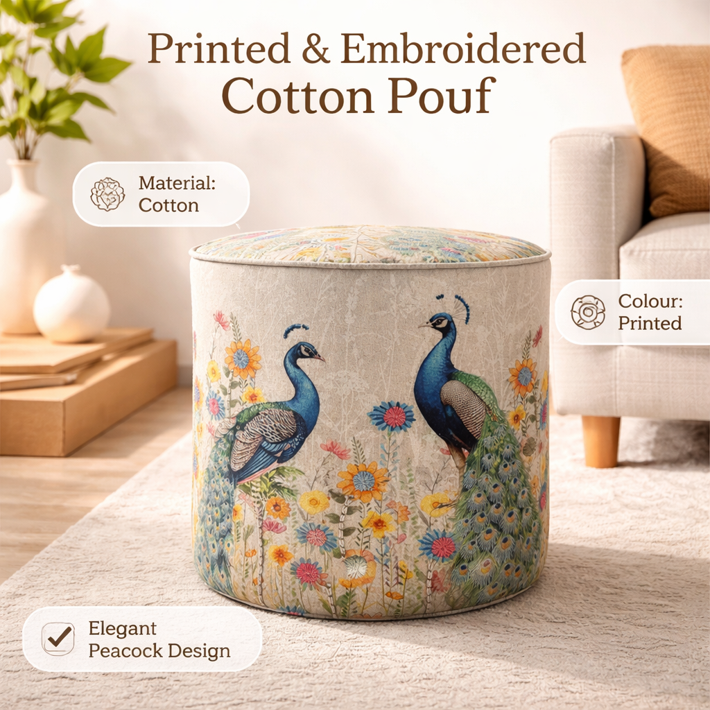 Printed & Embroidered Cotton Pouf – Peacock Design– 40x45 cm