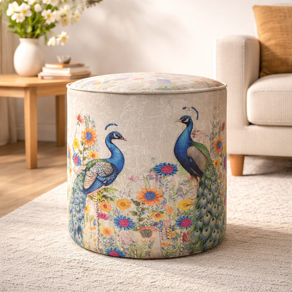 Printed & Embroidered Cotton Pouf – Peacock Design– 40x45 cm