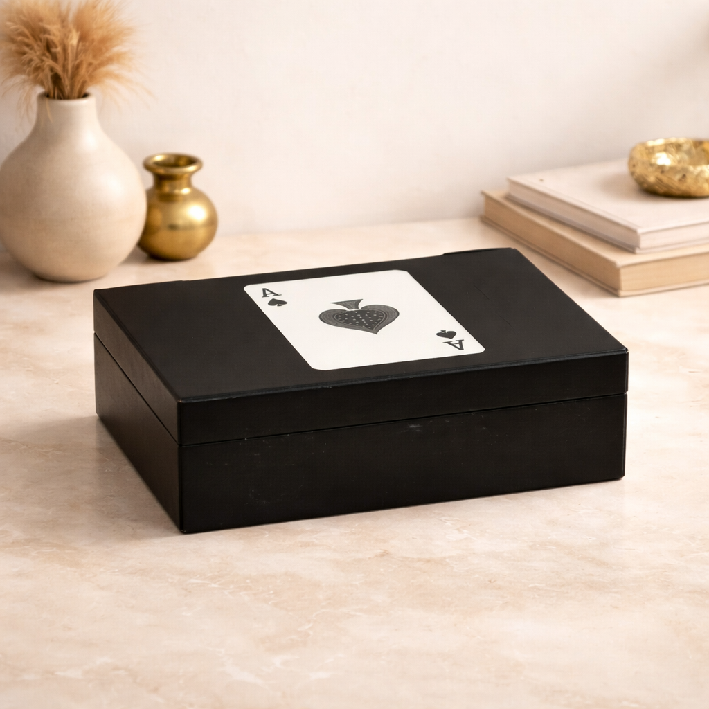 Black Resin Triple Slot Playing Card Box with Ace Design