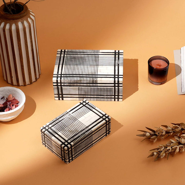 Plaid Pattern Bone Inlay Box – Set of 2