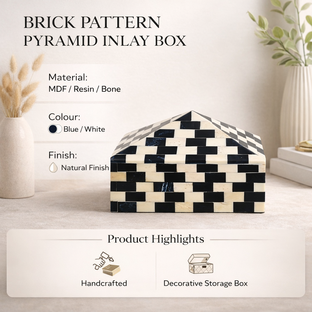Caja pirámide con incrustaciones de hueso en patrón de ladrillo