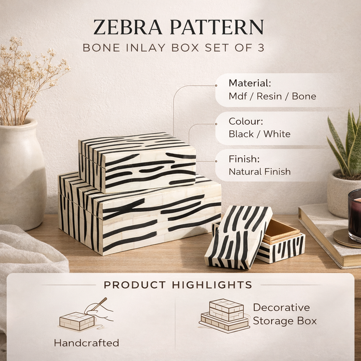Zebra Pattern Bone Inlay Box – Set of 3