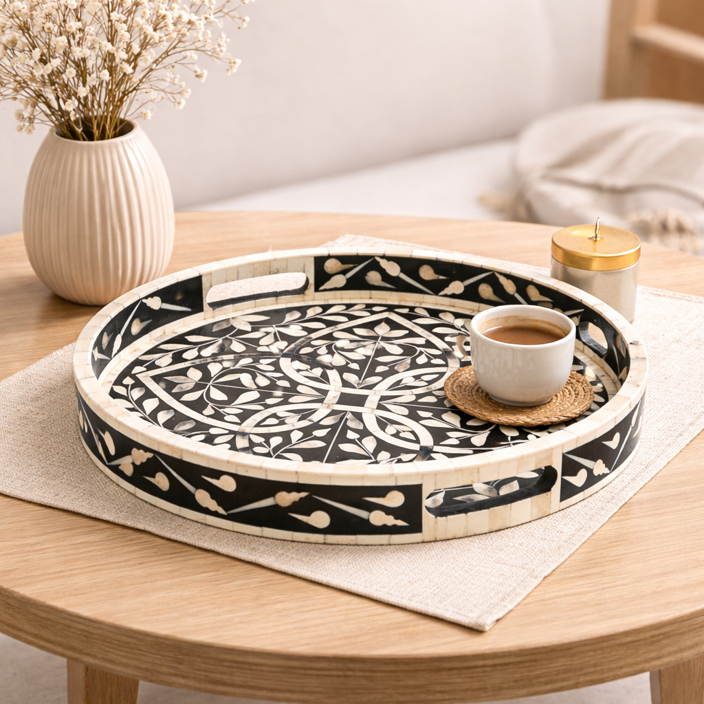 Round Floral Bone Inlay Tray