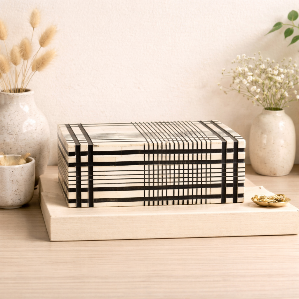 Plaid Pattern Bone Inlay Box – Set of 2