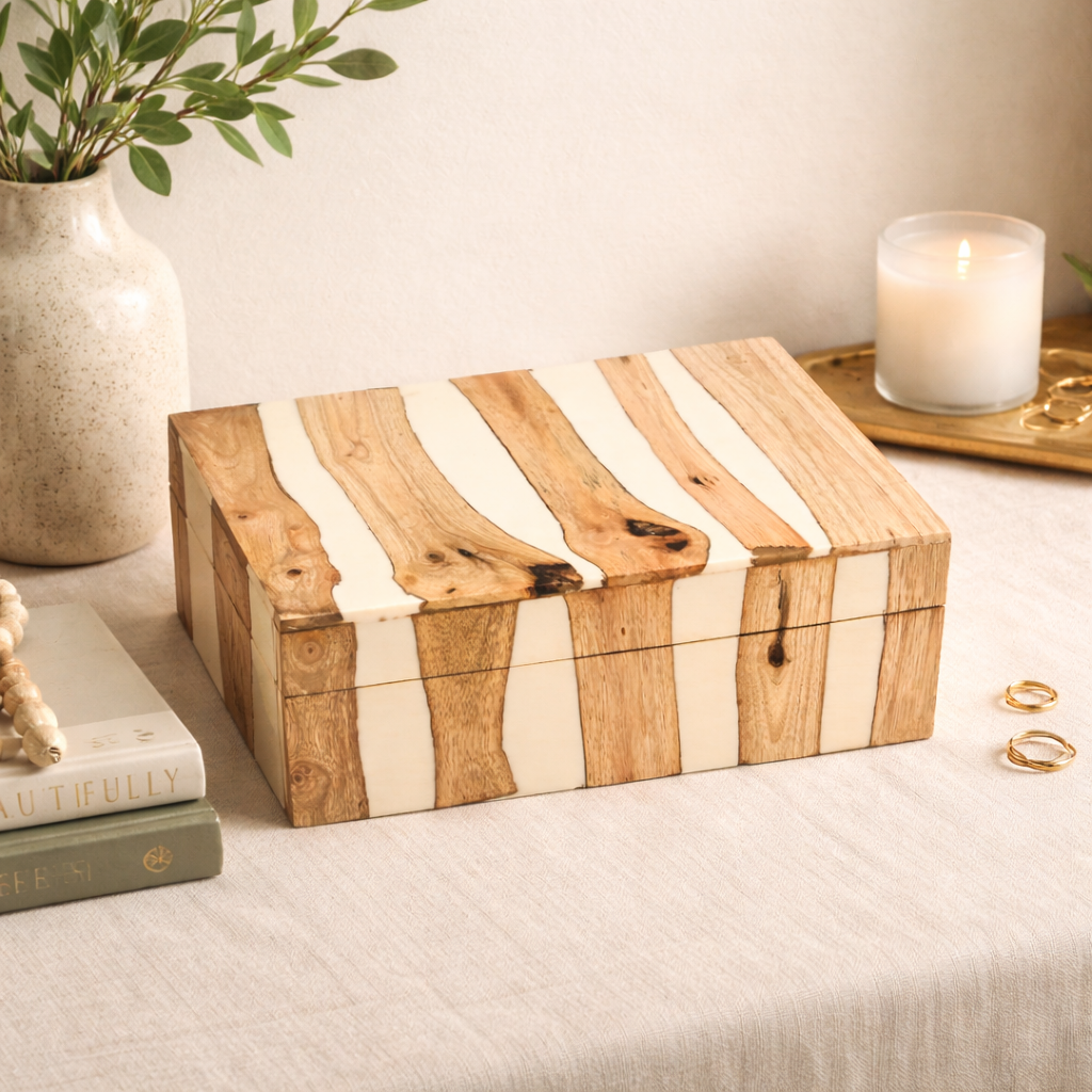 White Striped Wooden Decorative Box
