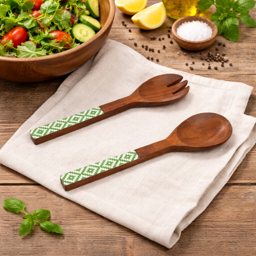 Serviteur à salade en bois avec impression papier