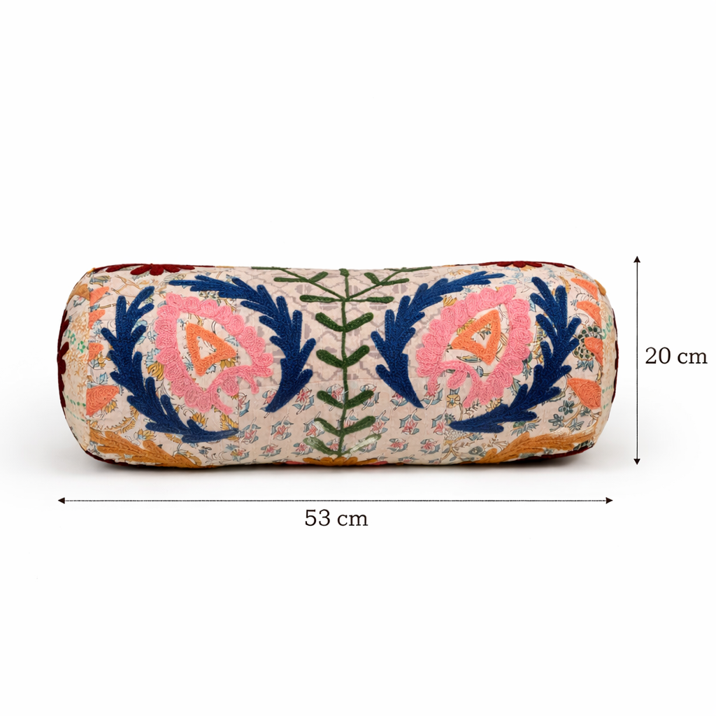 Floral Embroidered Cotton Bolster Cushion Multicolor 53 x 20 cm