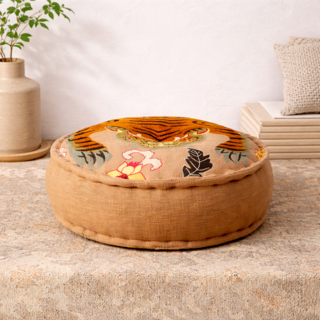 Boho Embroidered Cotton Floor Pouf – Tiger Design 60×20 cm