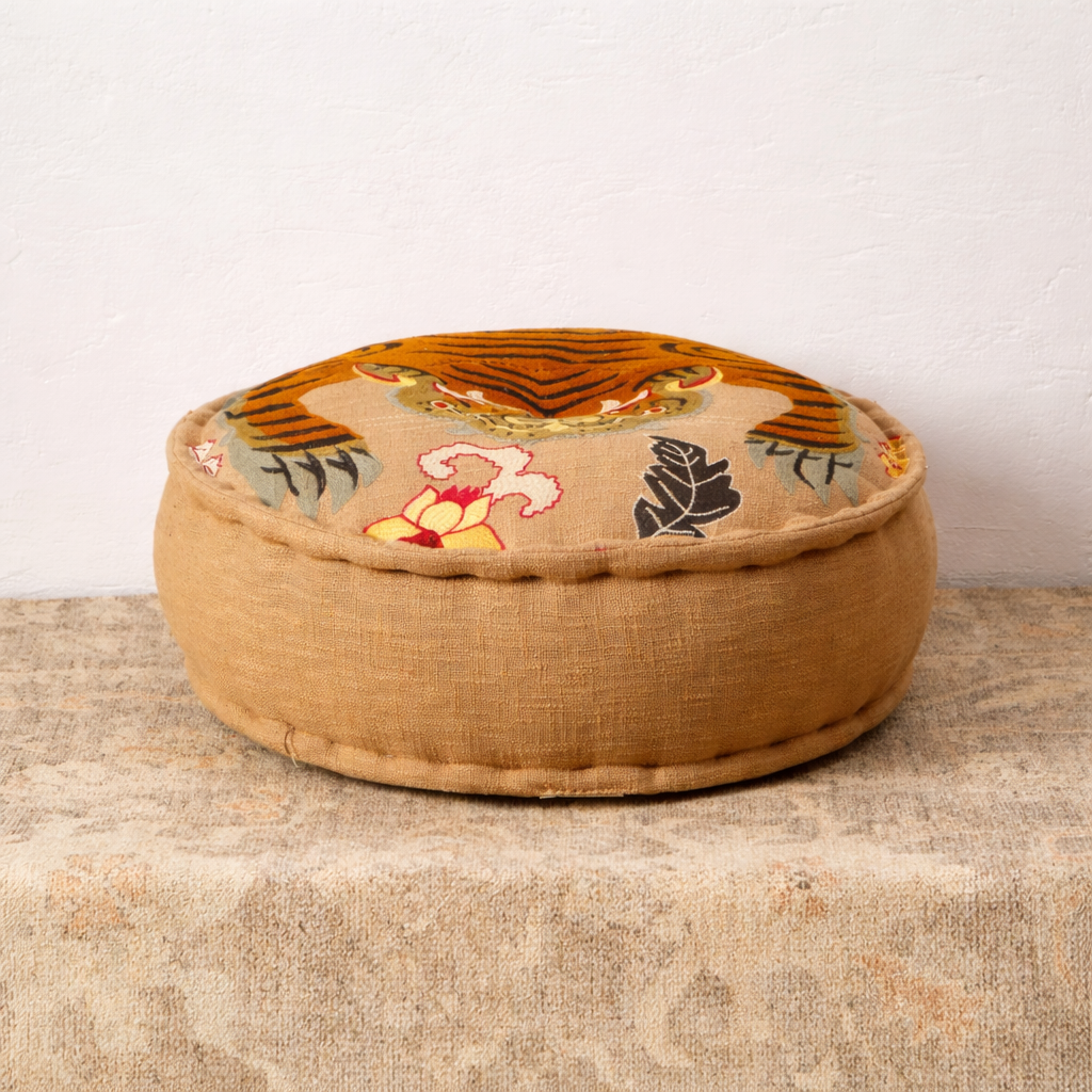 Boho Embroidered Cotton Floor Pouf – Tiger Design 60×20 cm