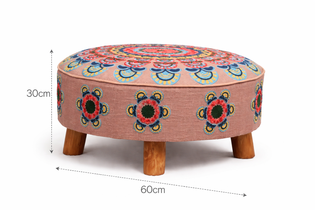 Embroidered Cotton Round Footstool with Wooden Legs 60 cm