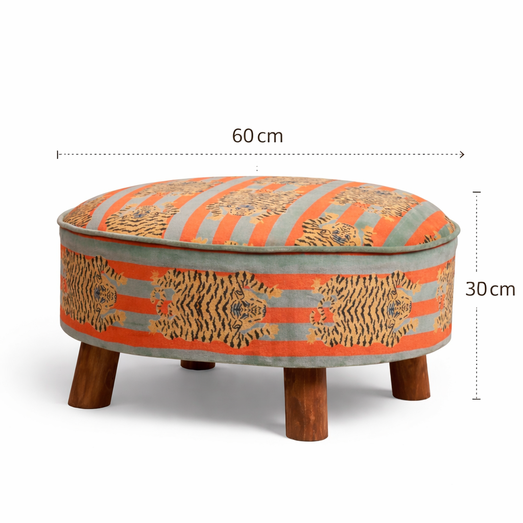 Cotton Round Footstool with Wooden Legs-Tiger Print- 60 cm