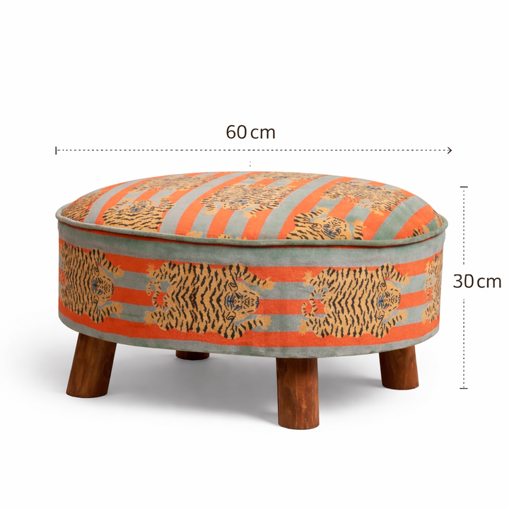 Cotton Round Footstool with Wooden Legs-Tiger Print- 60 cm