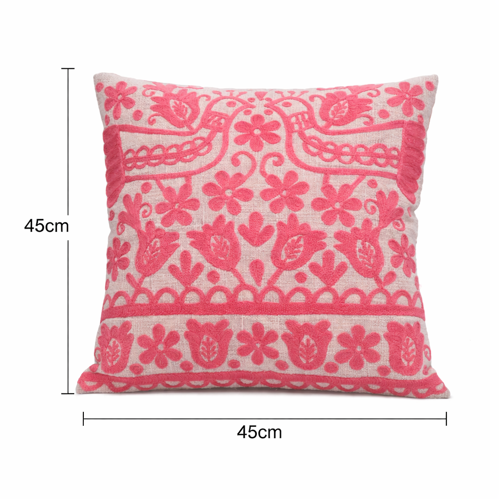 Pink Embroidered Cotton Cushion with Filler 45x45 cm