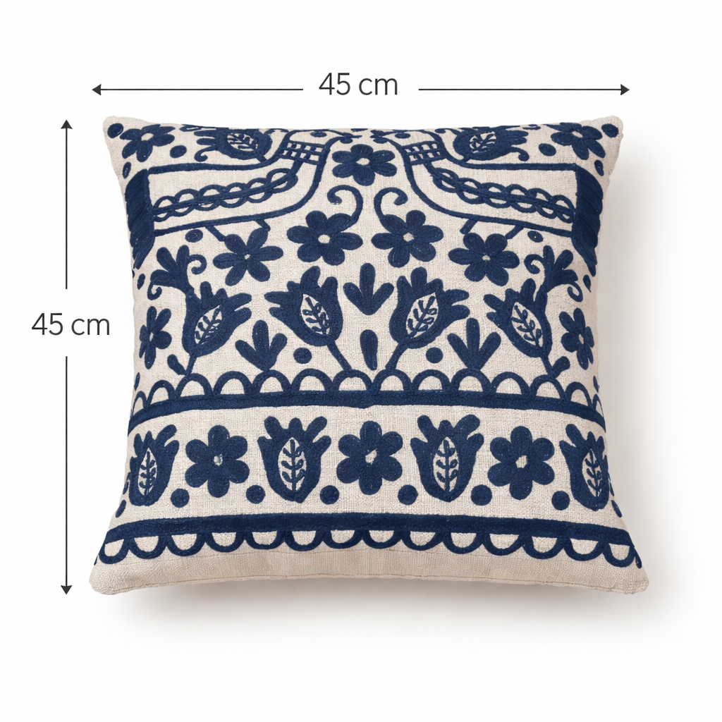 Blue Embroidered Cotton Cushion with Filler 45x45 cm