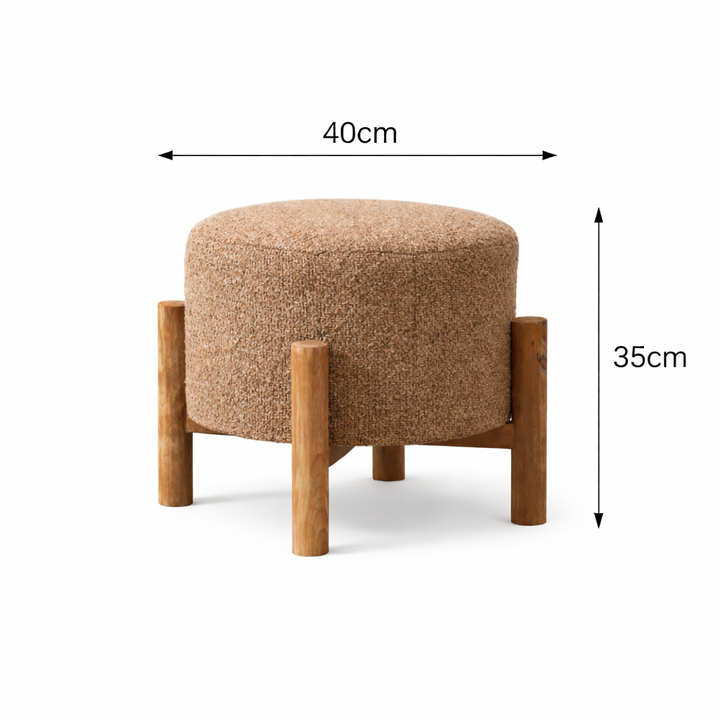 Brown Boucle Round Stool with Wooden Legs 40 cm