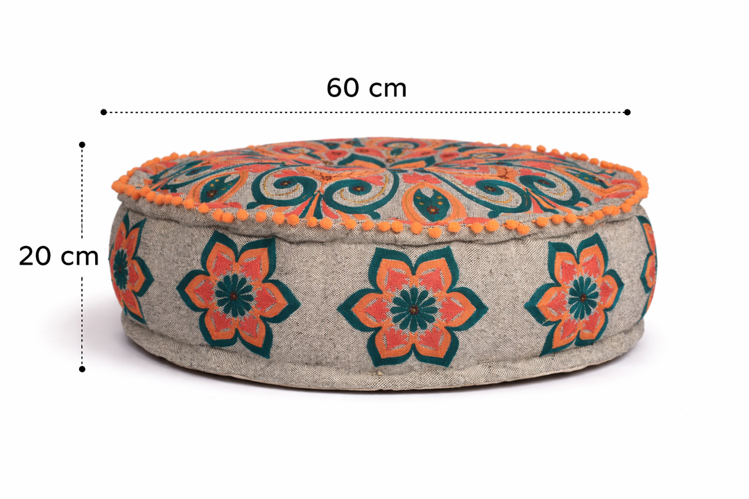 Mandala Embroidered Cotton Floor Cushion with Pompoms 60 cm
