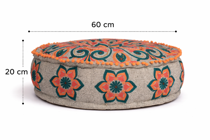 Mandala Embroidered Cotton Floor Cushion with Pompoms 60 cm
