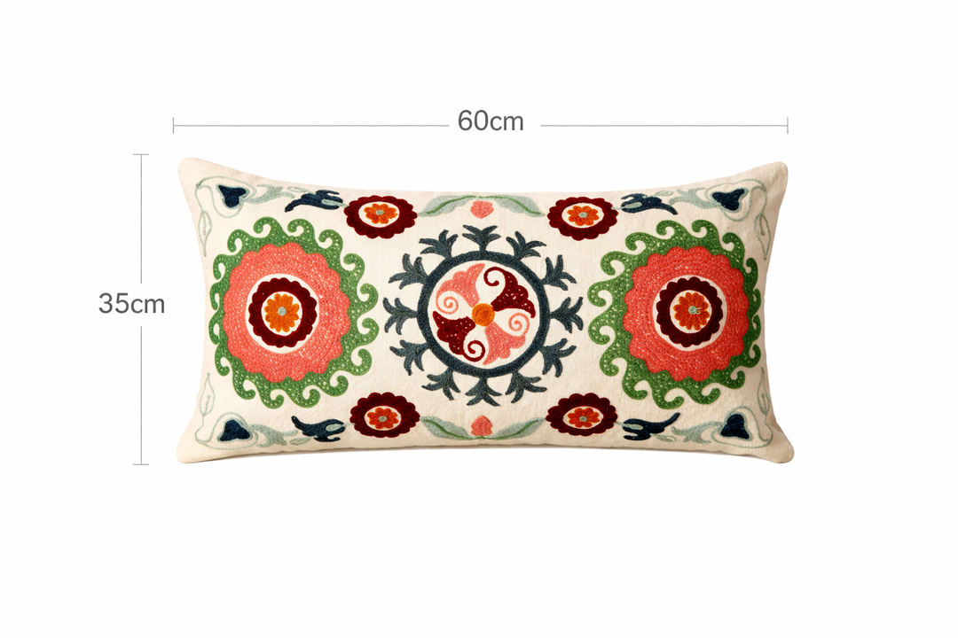 Cotton Floral Aari Embroidered Lumbar Cushion - 35 x 60 cm