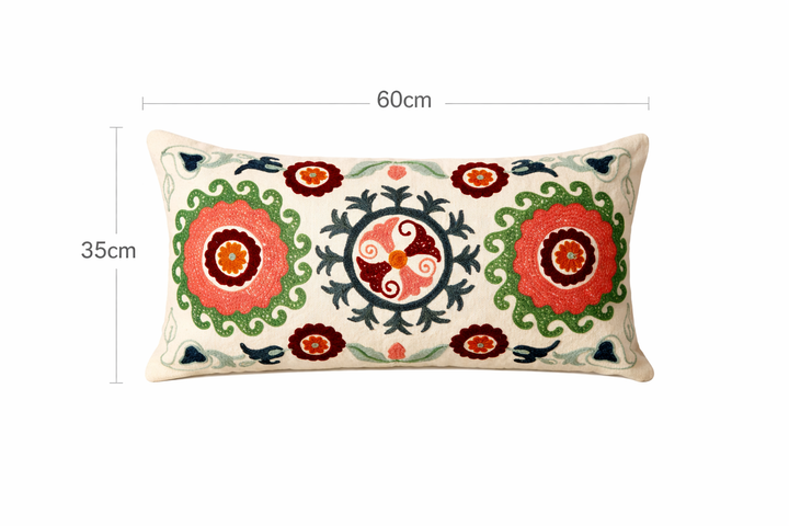 Cotton Floral Aari Embroidered Lumbar Cushion - 35 x 60 cm