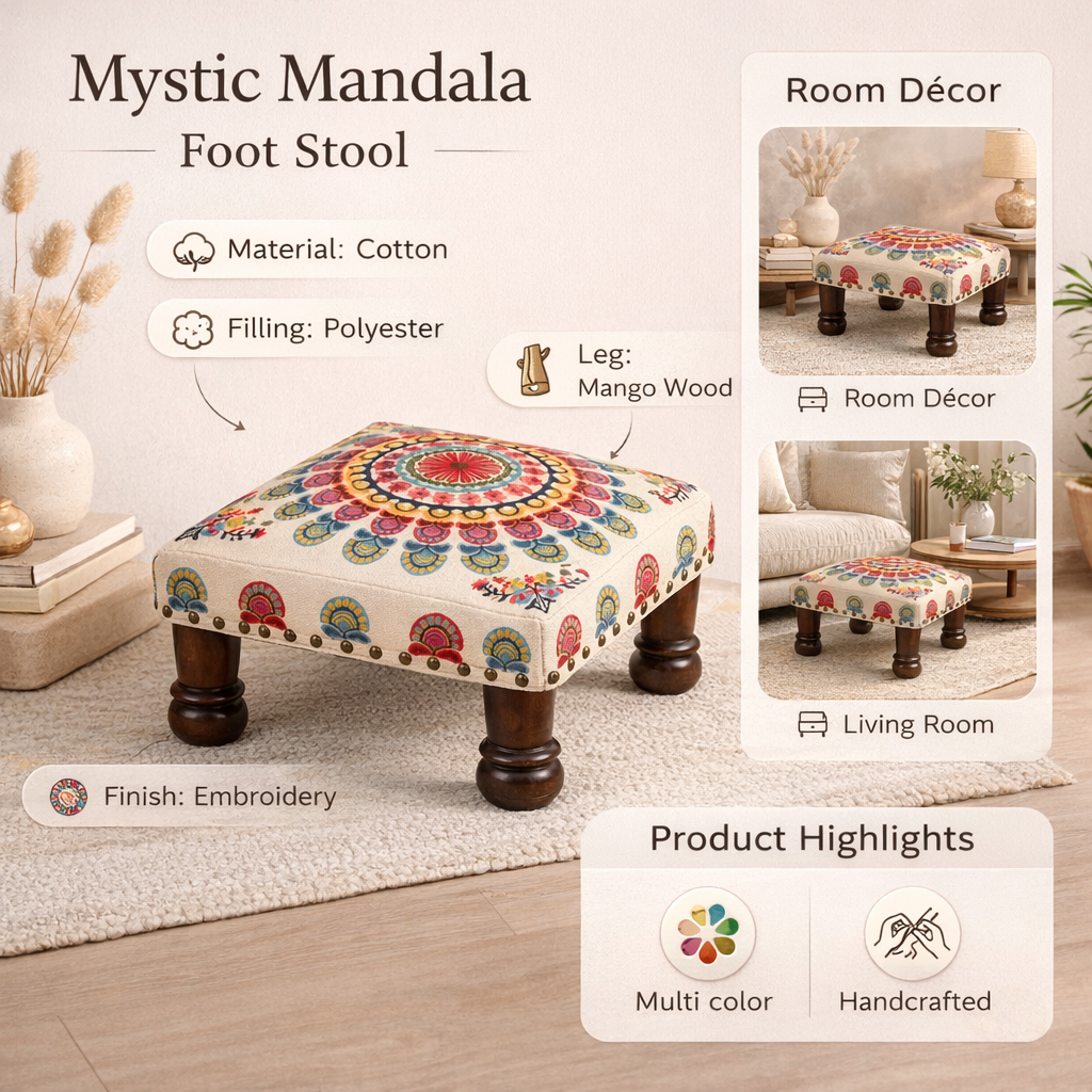 Mystic Mandala Cotton Footstool with Wooden Legs Multicolour