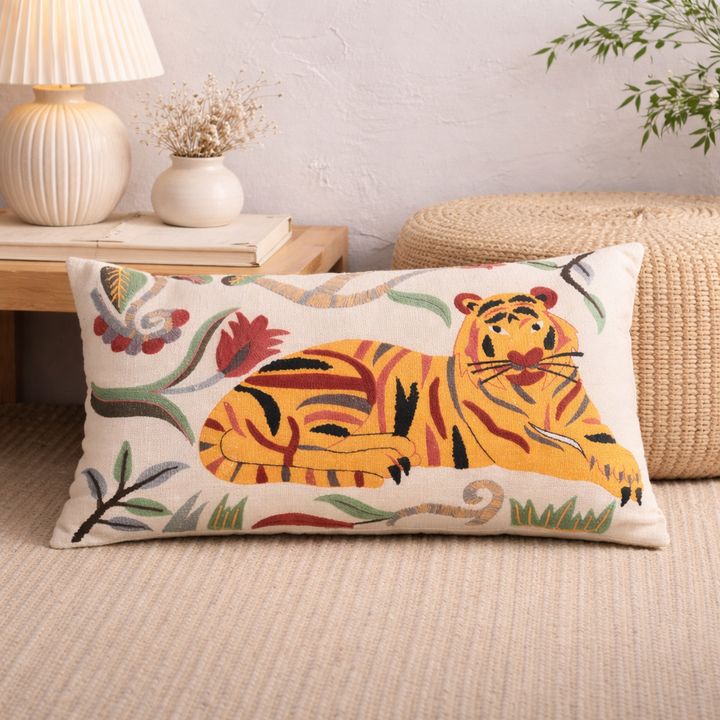 Floral Safari Tiger Cotton Cushion 35 x 60 cm