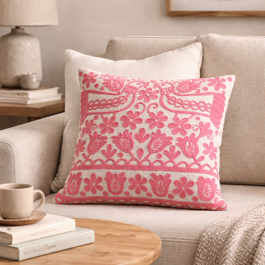 Pink Embroidered Cotton Cushion with Filler 45x45 cm