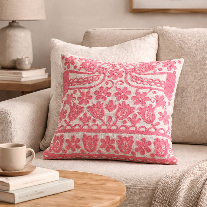 Pink Embroidered Cotton Cushion with Filler 45x45 cm
