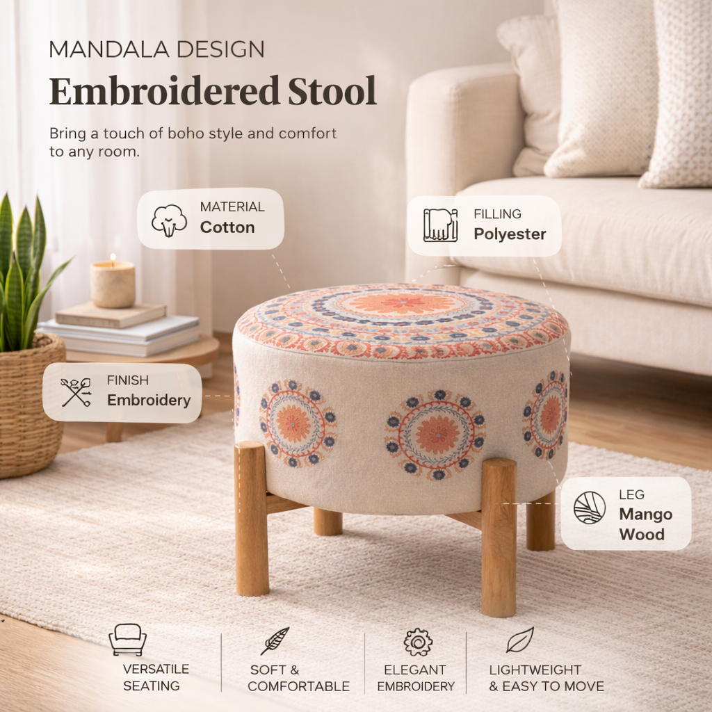 Embroidered Mandala Cotton Pouf Stool with Wooden Legs