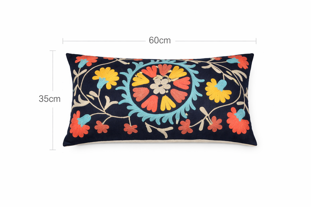 Indigo Aari Embroidered Cotton Cushion 35 x 60 cm