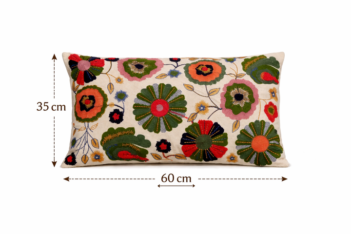 Floral Embroidered Cotton Cushion with Filler 35 × 60 cm