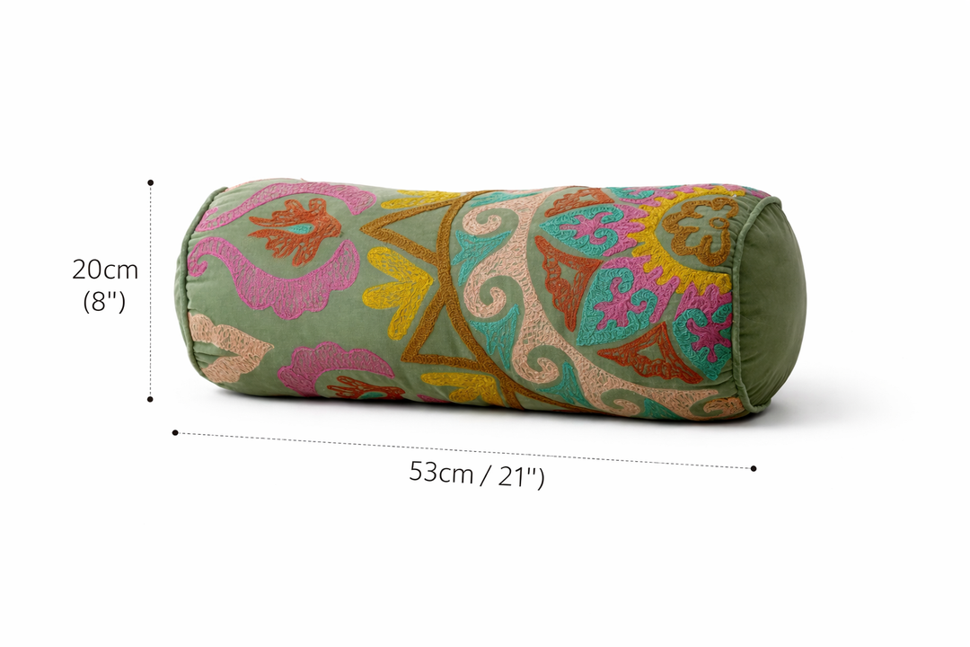Embroidered Cotton Bolster Cushion Multicolor 53 x 20 cm