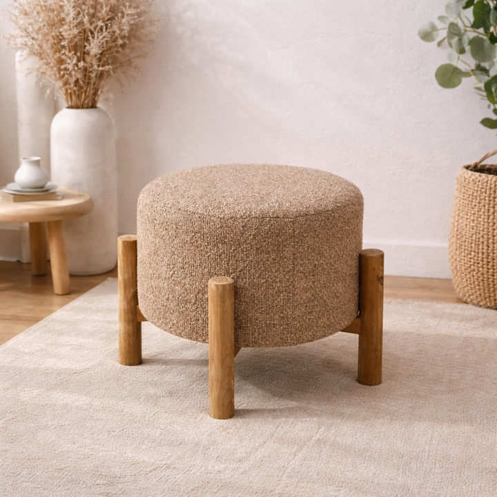 Brown Boucle Round Stool with Wooden Legs 40 cm
