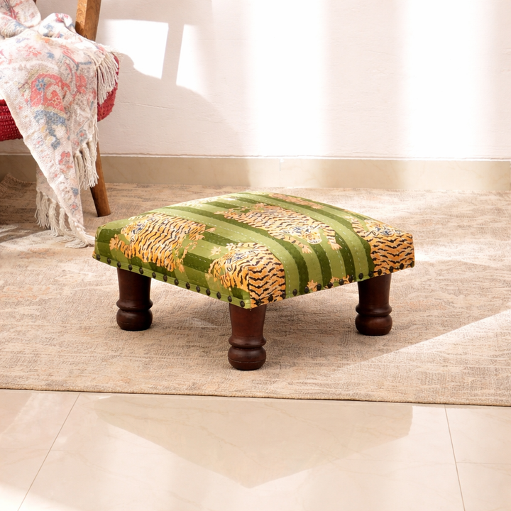 Jungle Stripe Cotton Footstool with Wooden Legs – Green