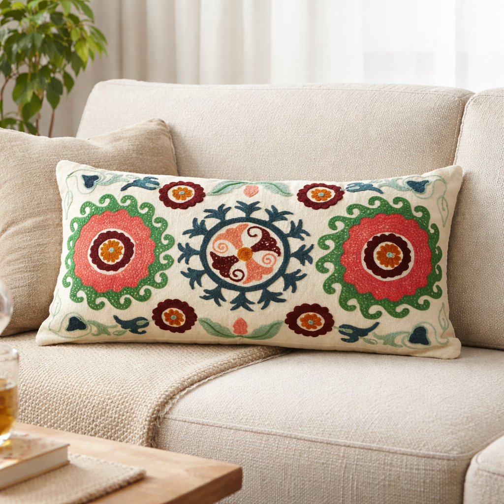 Cotton Floral Aari Embroidered Lumbar Cushion - 35 x 60 cm
