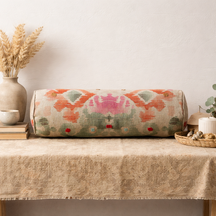 Ikat Linen Bolster Cushion Multicolor 60 x 17.5 cm