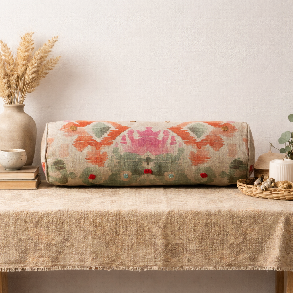 Ikat Linen Bolster Cushion Multicolor 60 x 17.5 cm
